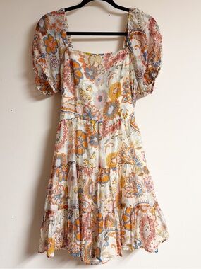 1. State Floral Puff-Sleeve Tiered Dress in Cream and Orange Size Medium